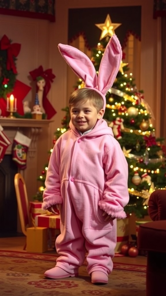 Ralphie in a pink bunny suit from A Christmas Story, with Christmas decorations and a tree in the background.
